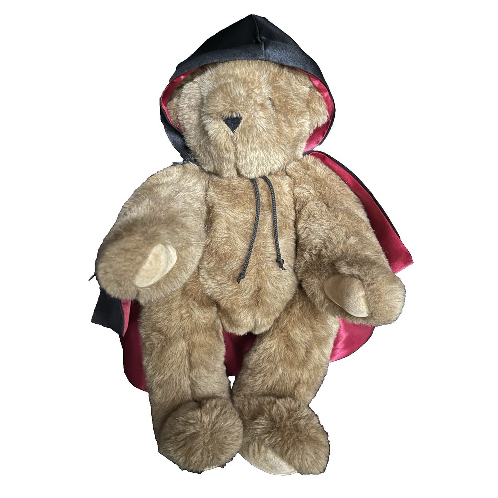 Vermont Teddy Bear 15" Brown‎ Plush-Hooded Black & Red Cape-Halloween Edition